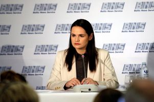 Svetlana Tikhanovskaya, figure de proue de l’opposition biélorusse, lors d’une conférence de presse à Vilnius (Lituanie), le 21 août 2020.