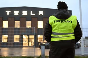 Emma Hansson, présidente du syndicat des travailleurs « IF Metall Stockholms län », porte un gilet de piquet de grève devant le centre de service de Tesla à Segeltorp, en Suède, le 27 octobre 2023.